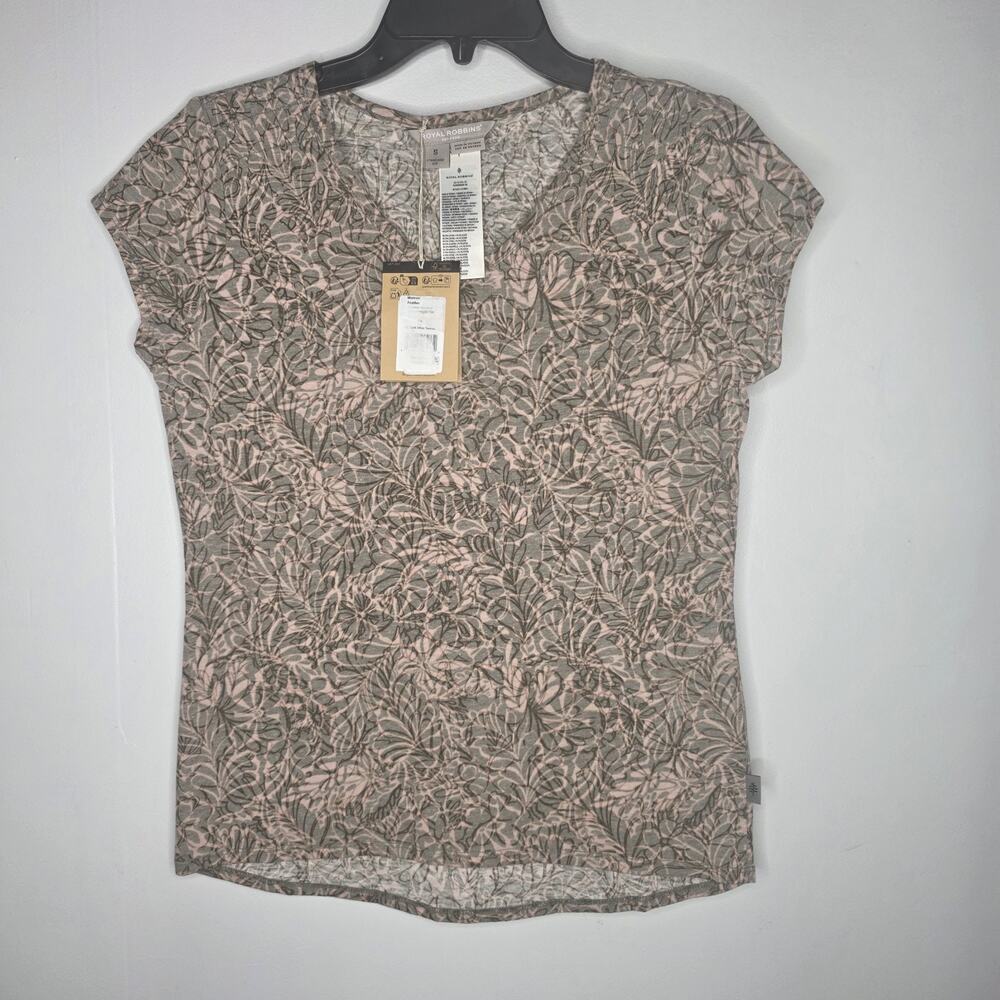Royal Robbins Featherweight T-Shirt Womens Small Sheer Gray Pink Brown Floral